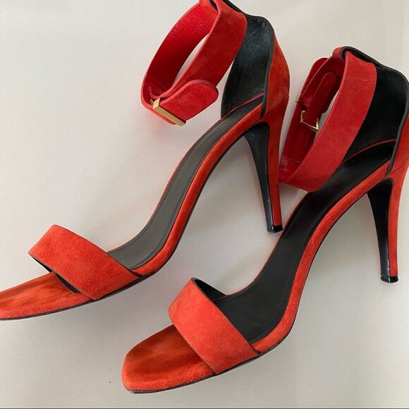 CELINE PARIS Italy Red Suede Gold Stiletto Ankle Strap High Heel Sandals 37 - Picture 10 of 14